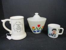Fire King Oil Bowl with Lid, McCoy Mustache Mug, Figgjo Norway Cup.