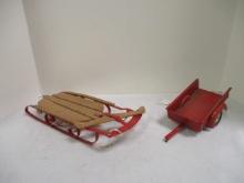Vintage Pull Behind Metal Cart Stamped on Bottom Mar 21, 1975 and Decorative Wood Sled.