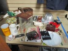Table Lot Compact Camera, Books, Clemson Tankard,  Hard Hat ETC.