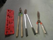 Two Sets of Loppers and Vintage Sheers, Tool Organizer.