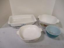 Three Corning Ware Baking Dishes, Trivet and One Pyrex Bowl.