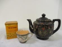 Oriental Teapot Stamped Japan, Japan Tea Cup with Dragon and Tin Full of Tea.