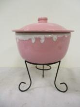 Pink with White Glaze Baking Dish with Lid and Stand.