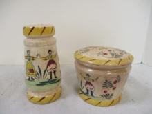 Hand Painted Salt Shaker and Crock with Lid (Knob off Top), Looks Like Dutch Figures.