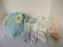 Box of Vintage Baby Clothes and Crocheted Booties.
