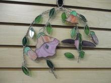 Stained Glass Wall Hanging with Hummingbird and Flowers.