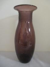Blown Amethyst Art Glass Vase With Etched Ribbing at Top.