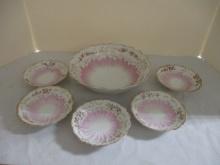 Five Vintage Pink Victorian Look Berry Bowls and One Large Serving Bowl.
