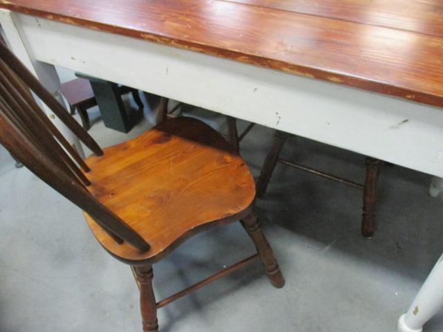 Solid Wood Farmhouse Table with Plank Top and Three side Chairs.