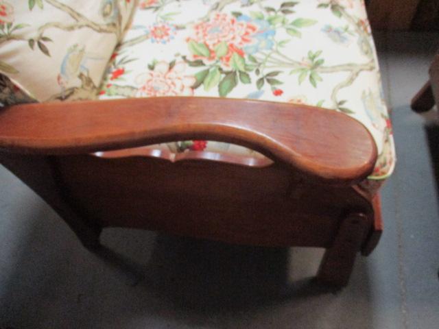Heavy Reclining Wood Frame Chair with Cushions and Footstool.