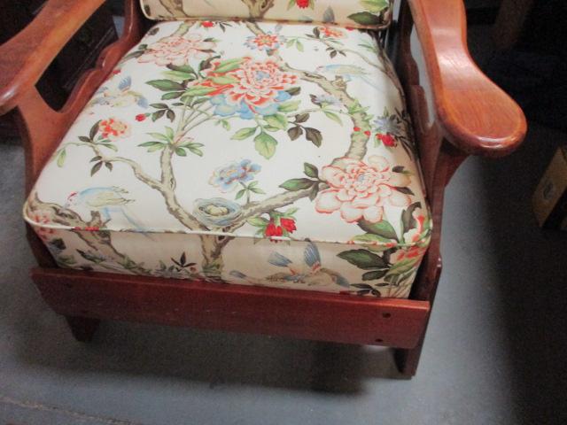 Heavy Reclining Wood Frame Chair with Cushions and Footstool.