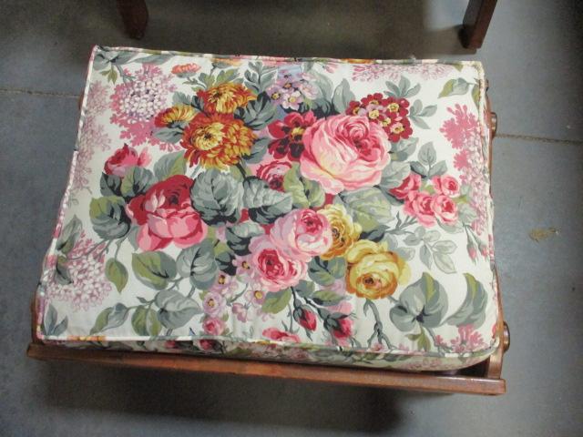Heavy Reclining Wood Frame Chair with Cushions and Footstool.