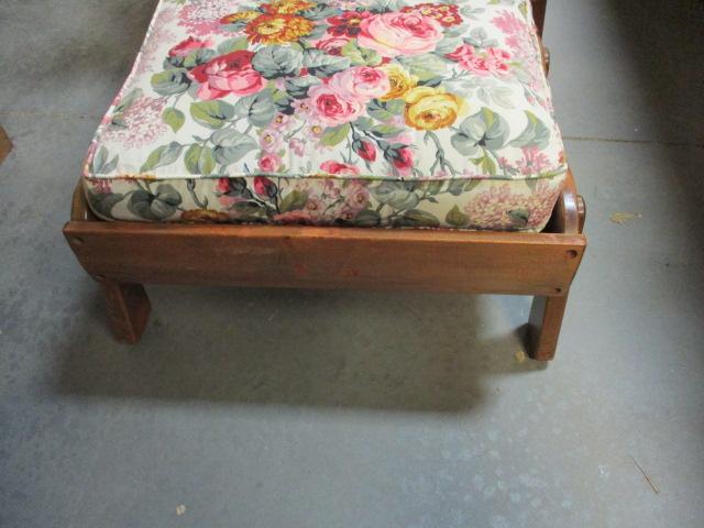 Heavy Reclining Wood Frame Chair with Cushions and Footstool.