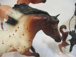 Three Arabian Plastic Horses and one Colt, Two Saddles. All But Grey Horse Marked Breyer.