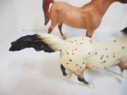 Three Arabian Plastic Horses and one Colt, Two Saddles. All But Grey Horse Marked Breyer.