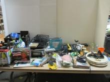 Table Lot of Gardening,  Paint, Oils , Pans, Dishes, Camera, Etc.