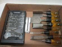 Eight Stanley Wood Chisels,  Ten Piece Husky Tool Set in Case, Winchester Multi Tool.