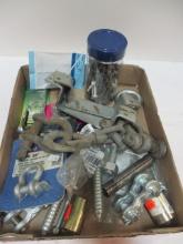 Box of Nails, Double Clevis Links, New Screw Hooks (5/8x5"), Brackets, Etc.