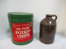 Vintage Jane Parker Potato Chip Tin and Stone Ware Jug, Some Chips.