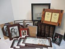 Box Lot of New and Used Picture Frames and One Shelf with Pull Out Albums.