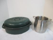 Stainless Steel Pot with Handles and Green Roaster with Lid.