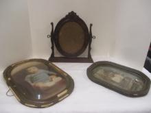 2 Bubble Glass Photo Frames w/old Photos, Standing Photo Frame