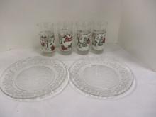 Libby Winter Village Drinking Glasses & 2 Christmas Plates