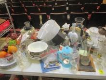 Table Lot-Glassware,Clock,Faux Fruit, Vintage Tupperware, etc.