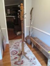 Turned Oak Post Hall Tree with Porcelain Knob Antiqued Brass Hooks