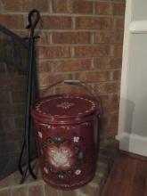Handpainted Folk Art Ash Can and Wrought Iron Log Grabber