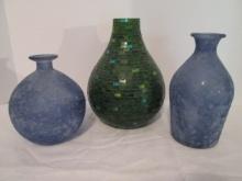 Blue/Green Mosaic Tile Vase and Two Blue Frosted Glass Bottle Vases