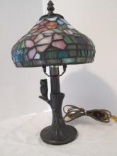 Tiffany Stained Glass Style Lamp with Floral Design Shade and Owl in Tree Post