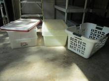 Five Clear Totes with Lids and Laundry Basket