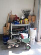 Contents of Garage Corner: 3 Tier Shelf Unit, Yard Tools, Yard Chemicals, Tarps,