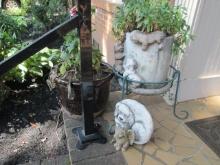 Two Flower Pots with Live Plants, Metal Plant Stand, Sleeping Dog Stepping Stone