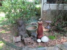 Yard Art: Four Rustic Bird Houses, Glazed Pottery Mushrooms, Glazed Terra Cotta