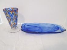 Blue Swirl Freeform Art Glass Dish and Footed Hand Blown Confetti Glass/Vase