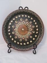 Handpainted Mexican Pottery Plate with Wrought Iron Stand