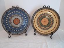 Two Handpainted Mexican Pottery Plates with Wrought Iron Stands
