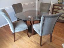 Beveled Glass Top Wood Pedestal Base Table and Four Parson's Chairs