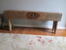 Primitive Signed Handcrafted Rough Sawn Wooden Bench with Folk Art Forest Spirit Face