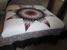 Hand Sewn 8 Point Central Star Design Quilt with Pointed Tab Edge