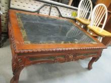 Large Ornate Carved Wood with Stone Top Coffee Table