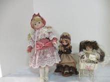 Vintage Italian Porcelain Doll in Stroller, Bradley Dolls "Julia" Doll on Stand,