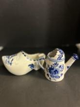 Vintage Delft Blue (Holland) Pottery Small Watering Can and Shoe Planter
