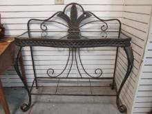 Bowfront Wrought Iron Glass Top Console Buffet Table with Pineapple Motif