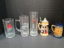 Old Clear Glass Steins and Stone Ware German Steins