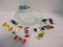 Turtle on Pebble Glass Bowl and 11 Art Glass Candies
