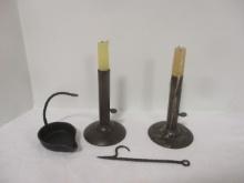 Antique Wrought Iron Betty Lamp and Pair of Hog Scraper Candle Sticks