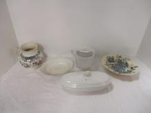 Antique Ironstone Soap Dishes, Mustache Mug, Pitcher and Covered Dish